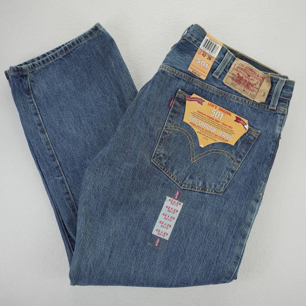 Levis 501 Original Fit Jeans Mens 42x29 Blue Denim Button Fly NWT 2008 Deadstock